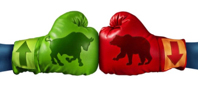 Stock market trading business concept with two boxing gloves with arrows going up and down with bull and bear icon emblems stitched to the glove as investment decisions and financial success.