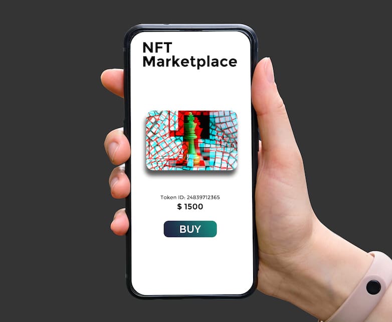 Hand holds smartphone with type of cryptographic NFT marketplace with art sale.