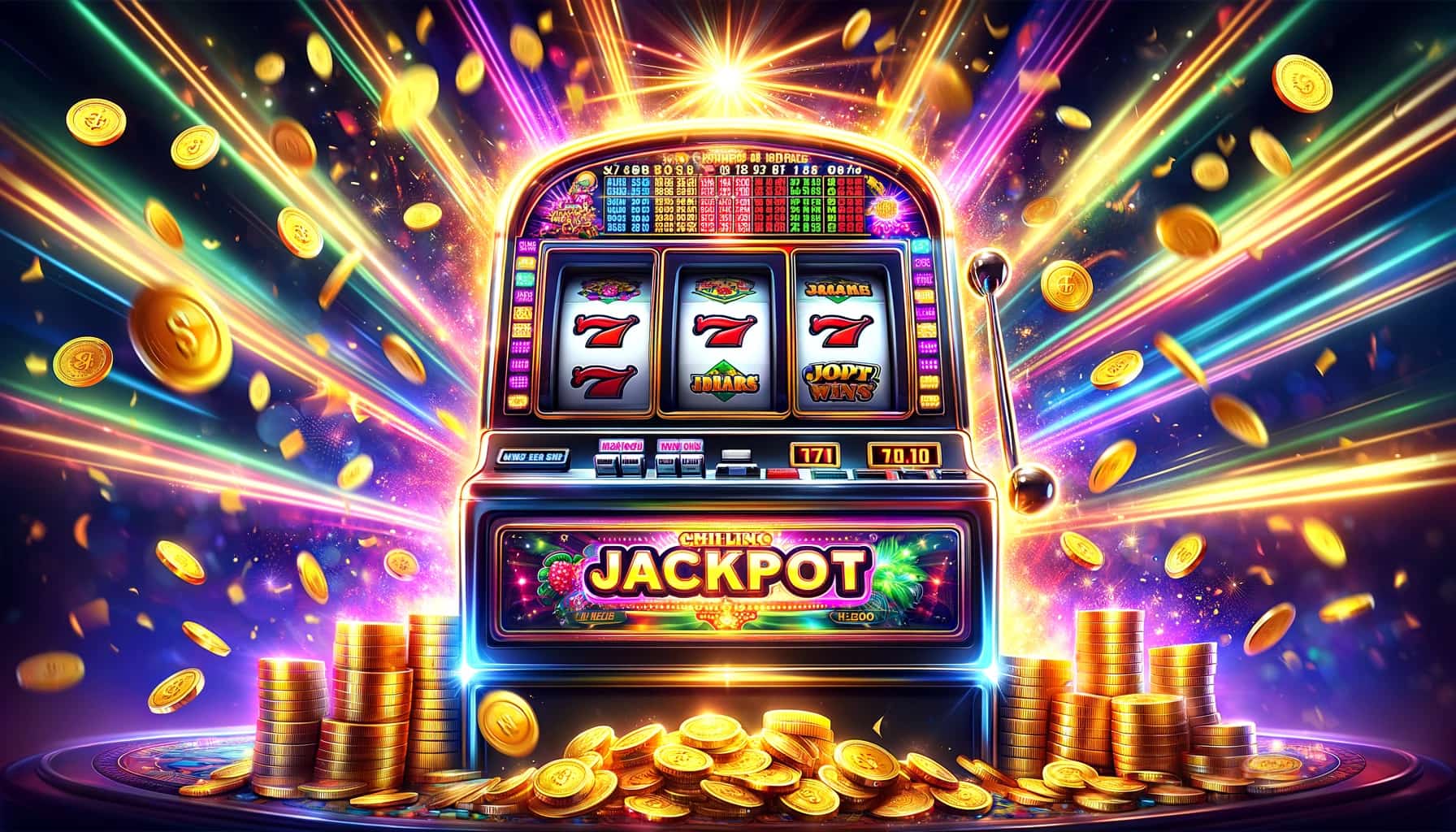 spilleautomat med jackpot casino bonus og stabler og hauger av mynter rundt