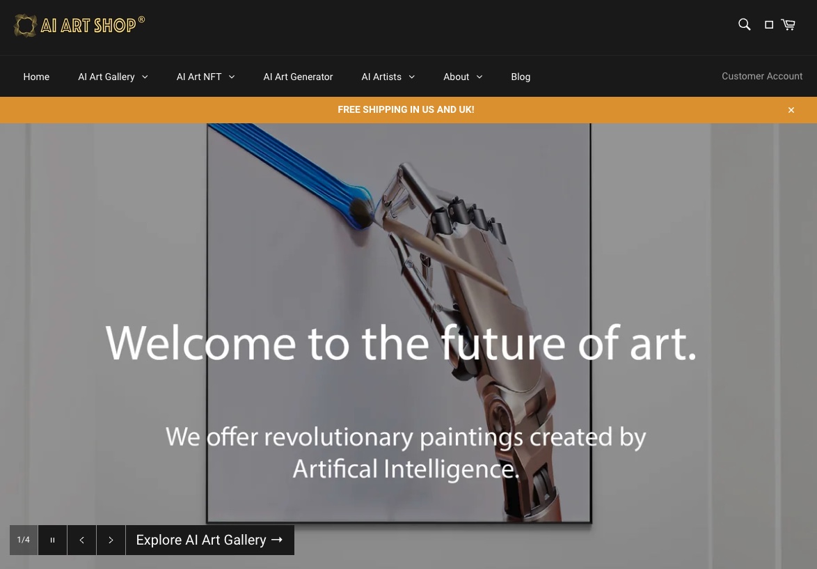 AI Art shop nft marketplace med kunstig intelligens nettside med en robot som maler