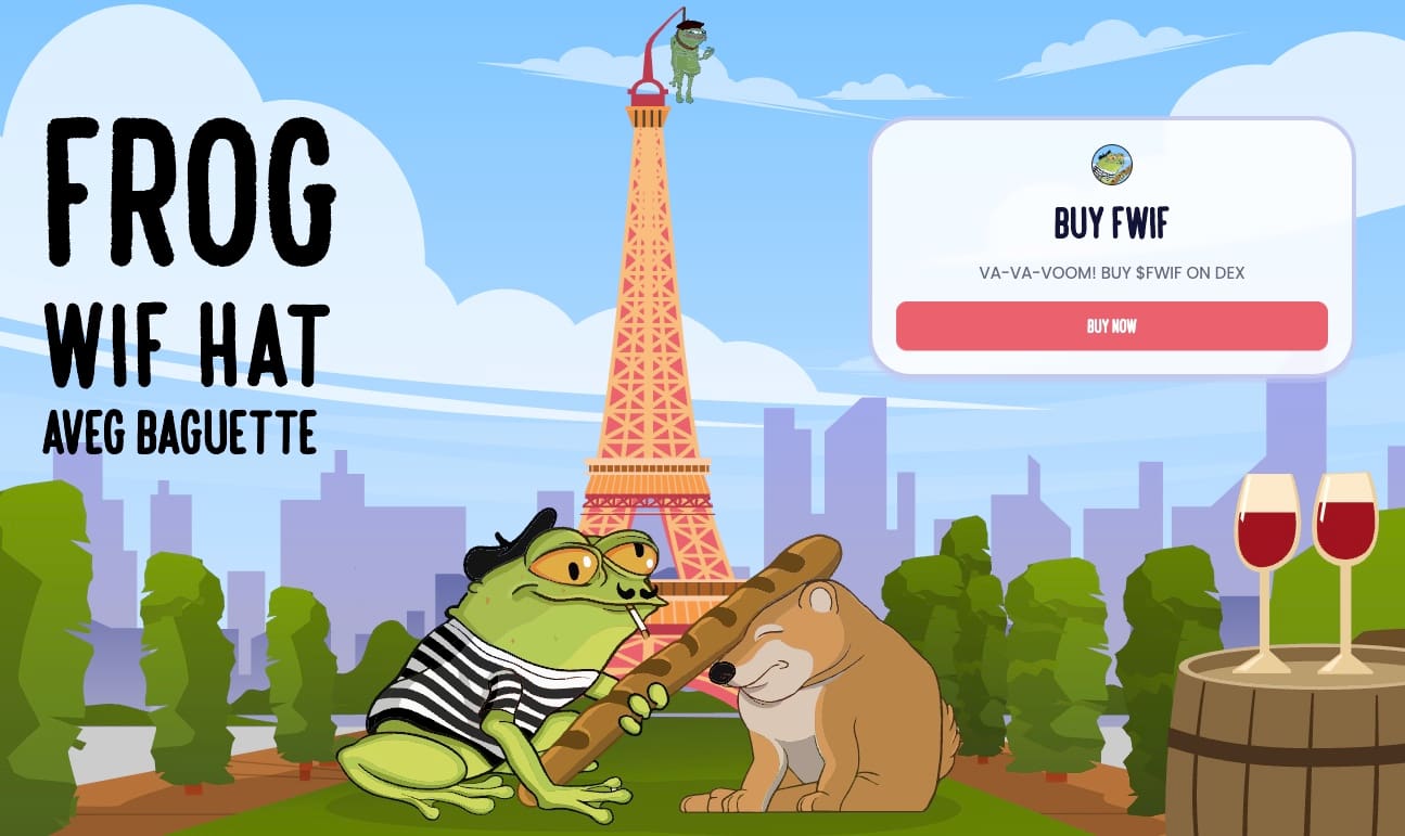 Frog wit hat nettside med eifeltårnet, en frosk som slår en bjørn i hodet med en baguette og en kjøpeknapp