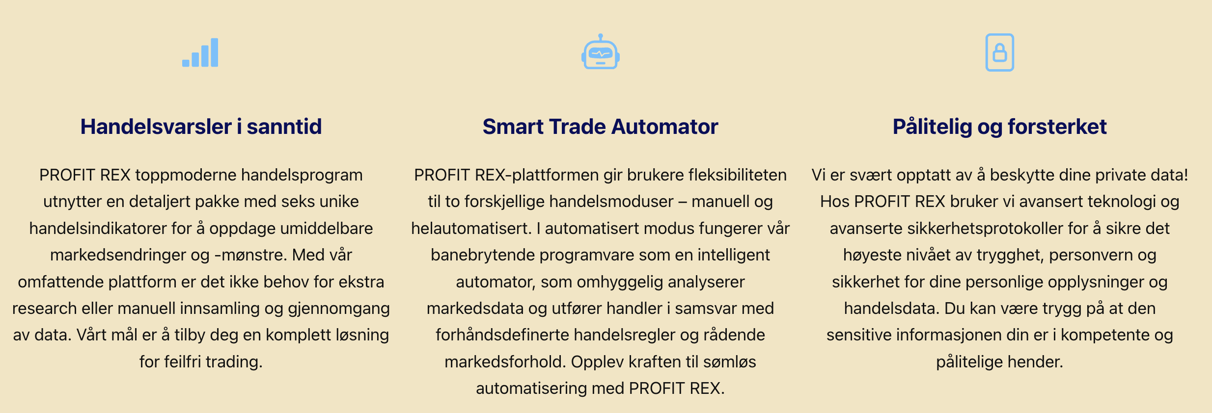 Funksjonalitet hos Profit Rex trading robot