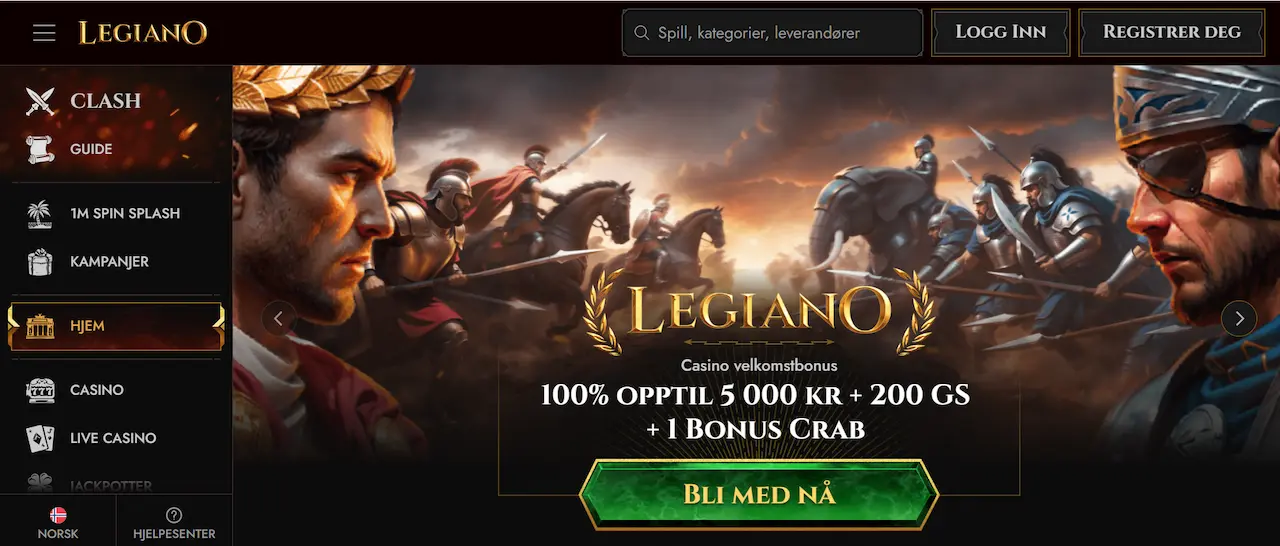 Legiano casino forside med bonus