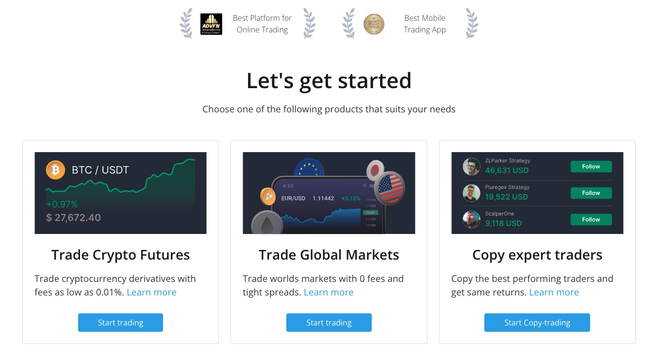 PrimeXBT nettside med ulike markeder, som krypto futures, globale markeder for aksjer og copy ekspert trading