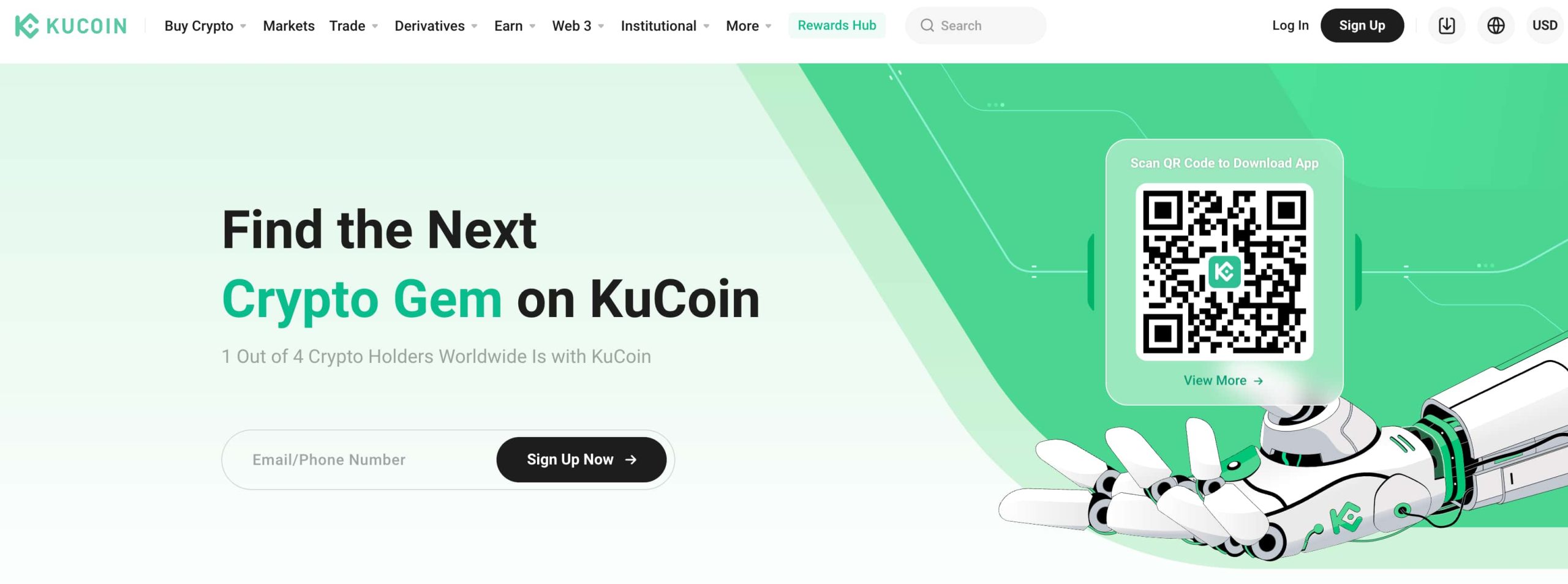 Kucoin landing page with QR code