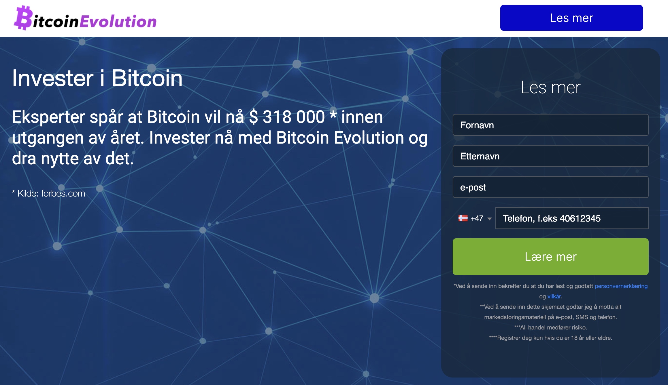 Bitcoin evolution hjemmeside med mulighet for registrering
