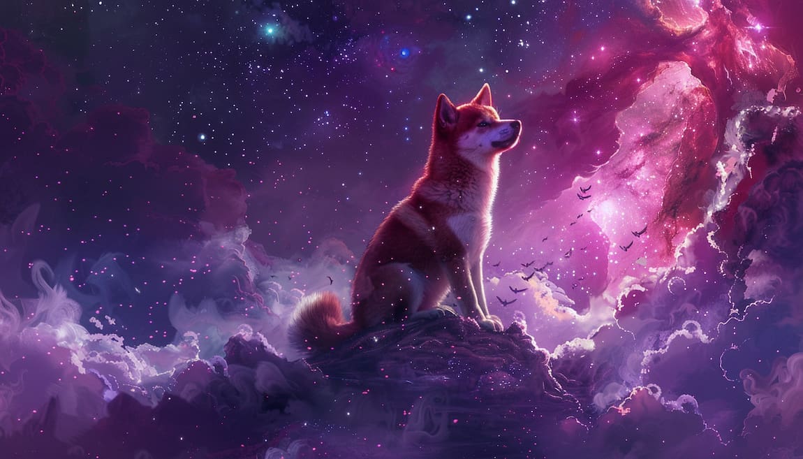 Dogeverse beste kryptovaluta hund ser mot himmelen med skyer og stjerner
