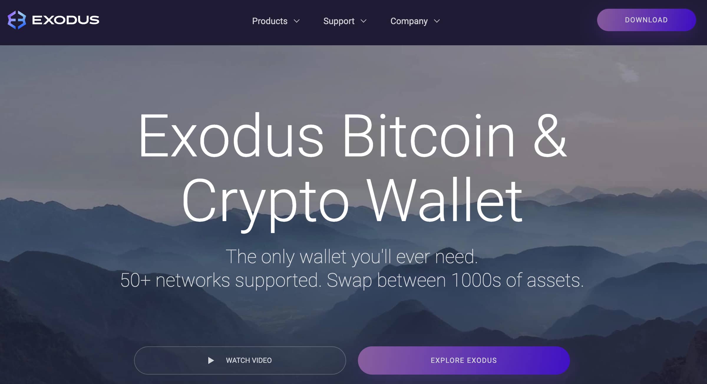 Exodus crypto wallet frontpage