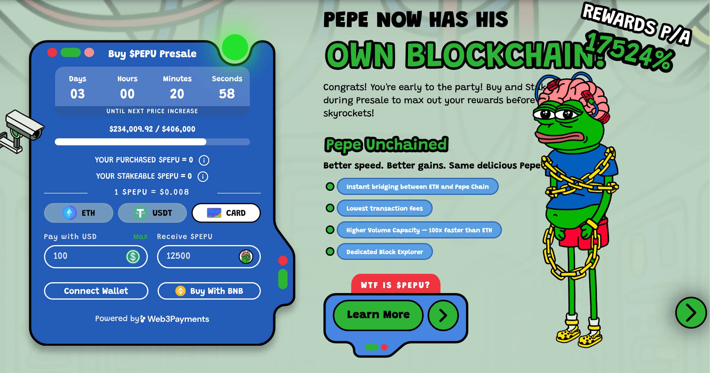 Pepe Unchained presale counter with FAQ