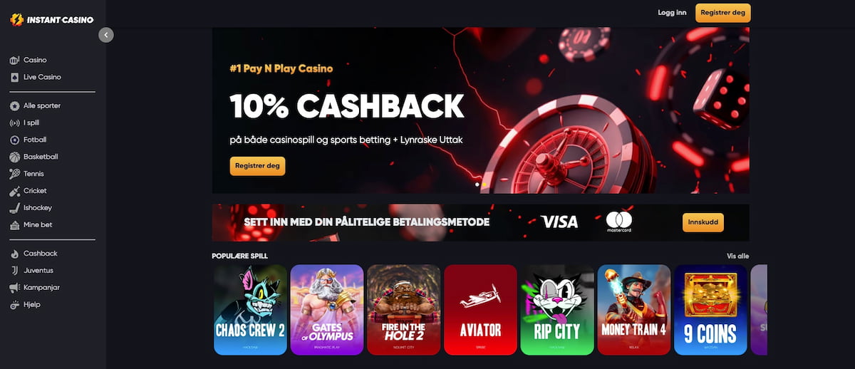 Instant Casino nettside med 10% Cashback og registrering