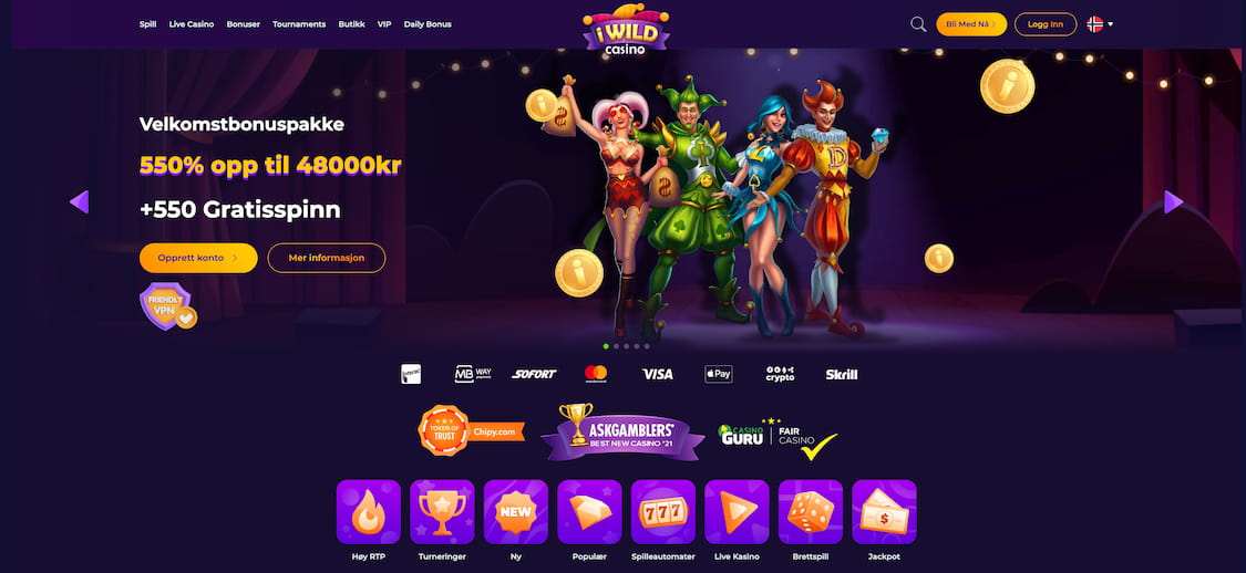 iWild casino lobby med velkomstbonus og betalingsmetoder