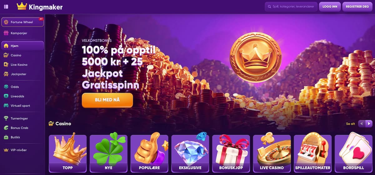 Kingmaker casino på nett hjemmeside med meny for casino, odds, turneringer, og ulike casinospill