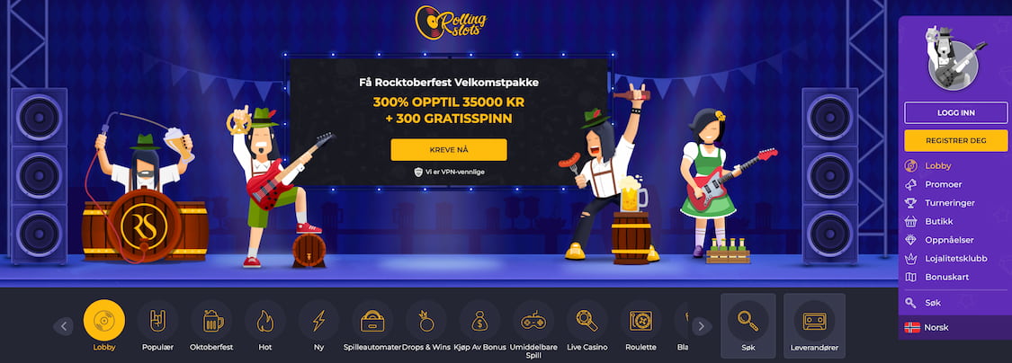 Rolling Slots casino lobby med velkomstbonus