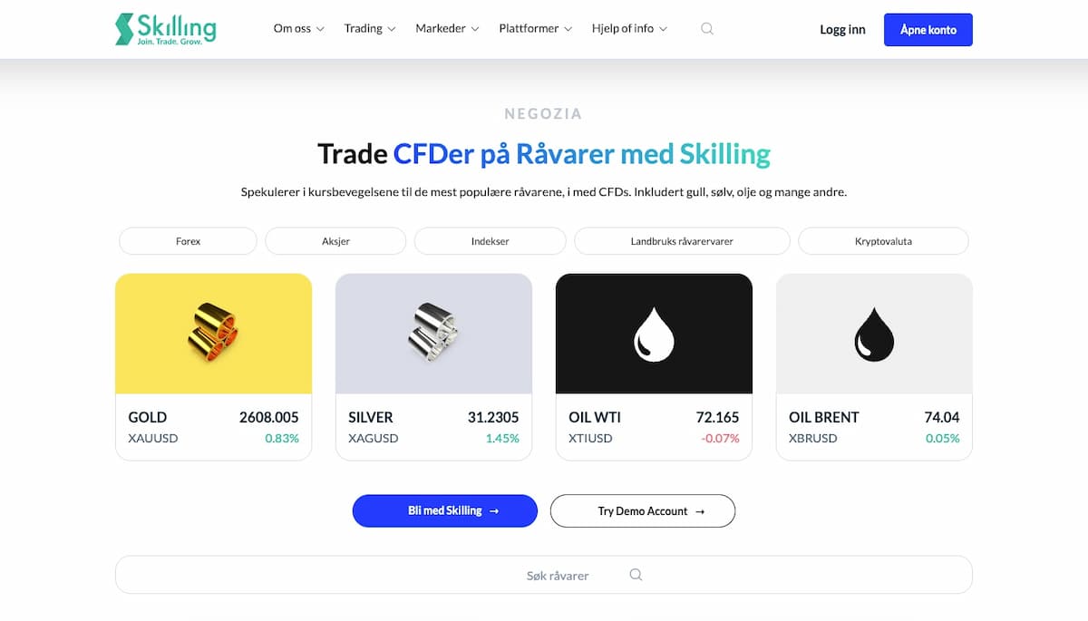 Skilling cfd råvarer, gull, sølv, olje