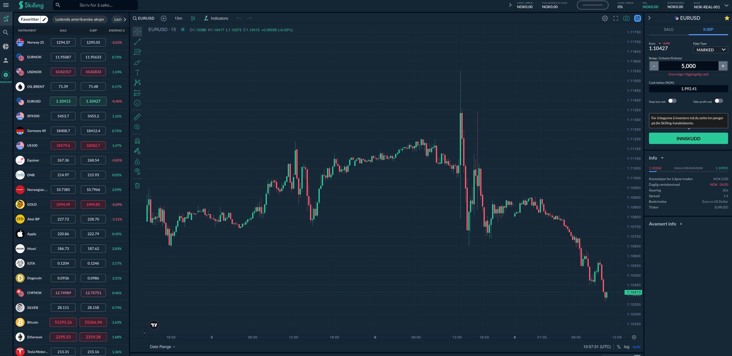 Skilling trading plattform med graf og valutapar